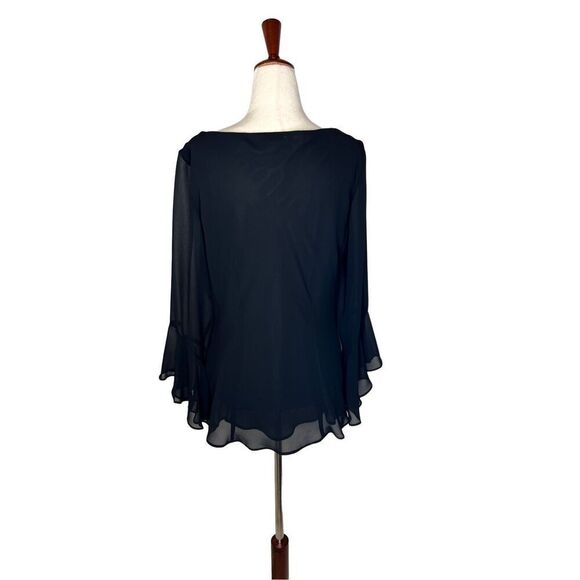 Studio I top women’s size 10 sheer black long sleeve ruffle beaded drape neck - Picture 2 of 9